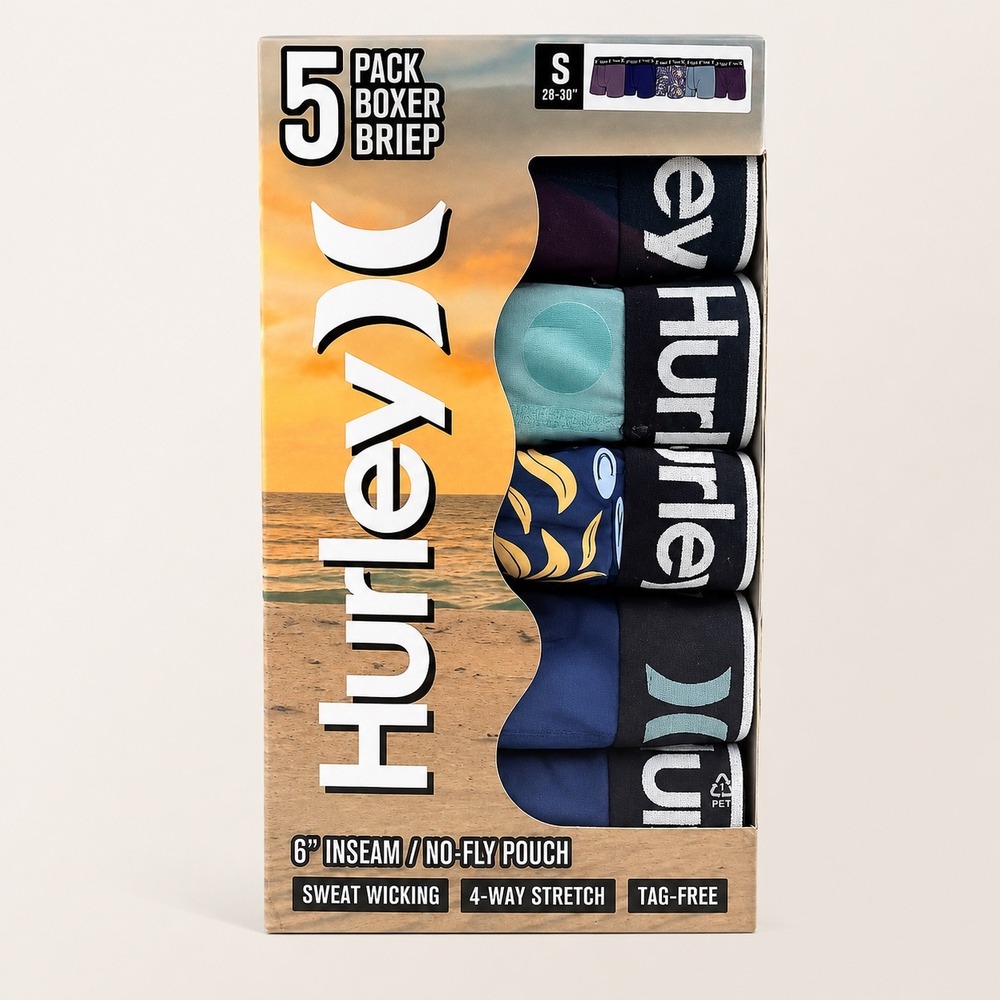 Hurley 5 Pack Boxer Briefs (S 28-30) No Fly Pouch Sweat Wicking Stretch Tagless